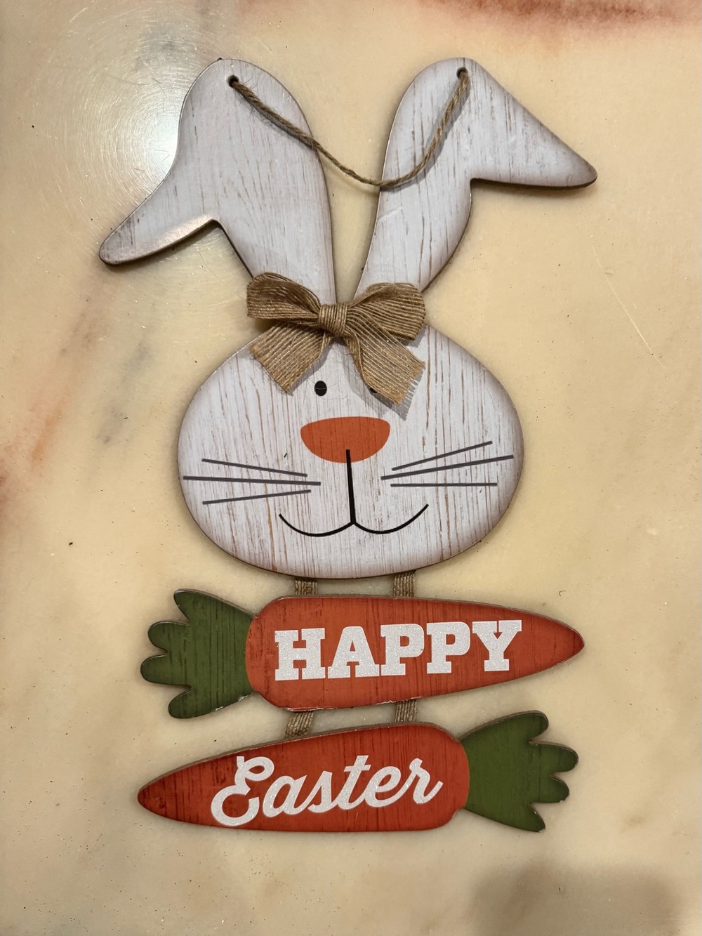 White Bunny 'Happy Easter' Hanging Sign with Orange Carrots